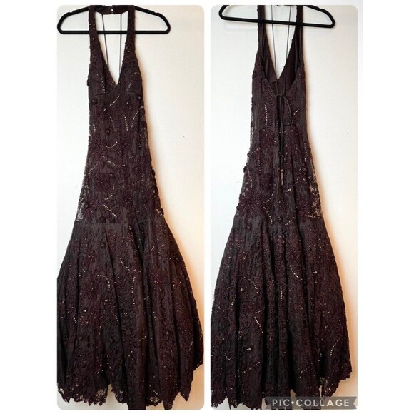Sue Wong Nocturne Formal Dress Brown Lace Beaded Halter Maxi Size 8 - Picture 2 of 16